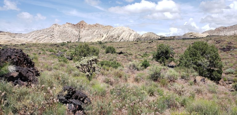 black lava rock and white mtn